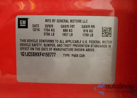 2015 Chevrolet Sonic Lt из США, поврежденный, VIN 1G1JC5SHXF4156777